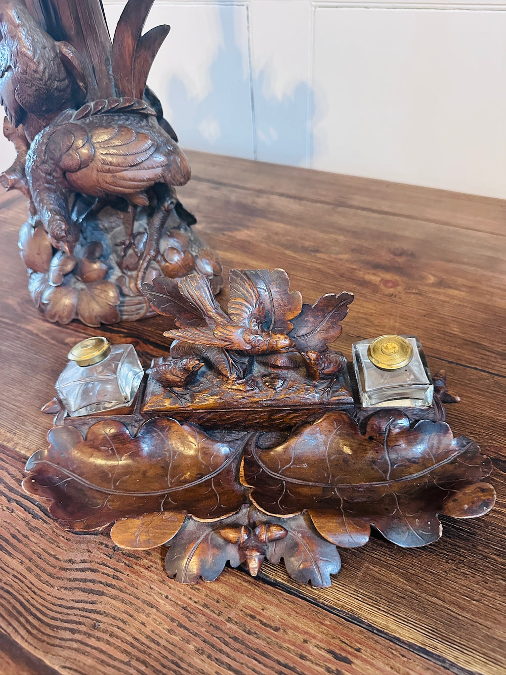 Antique Black Forest Carved Double Inkwell, Desk Stand