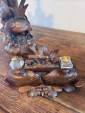 Antique Black Forest Carved Double Inkwell, Desk Stand