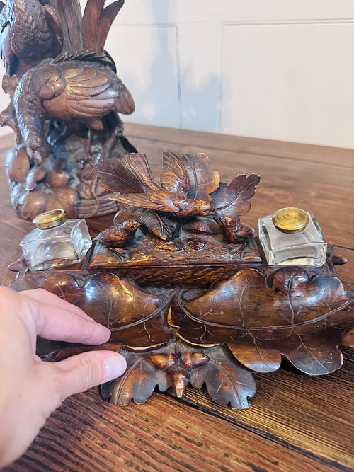 Antique Black Forest Carved Double Inkwell, Desk Stand