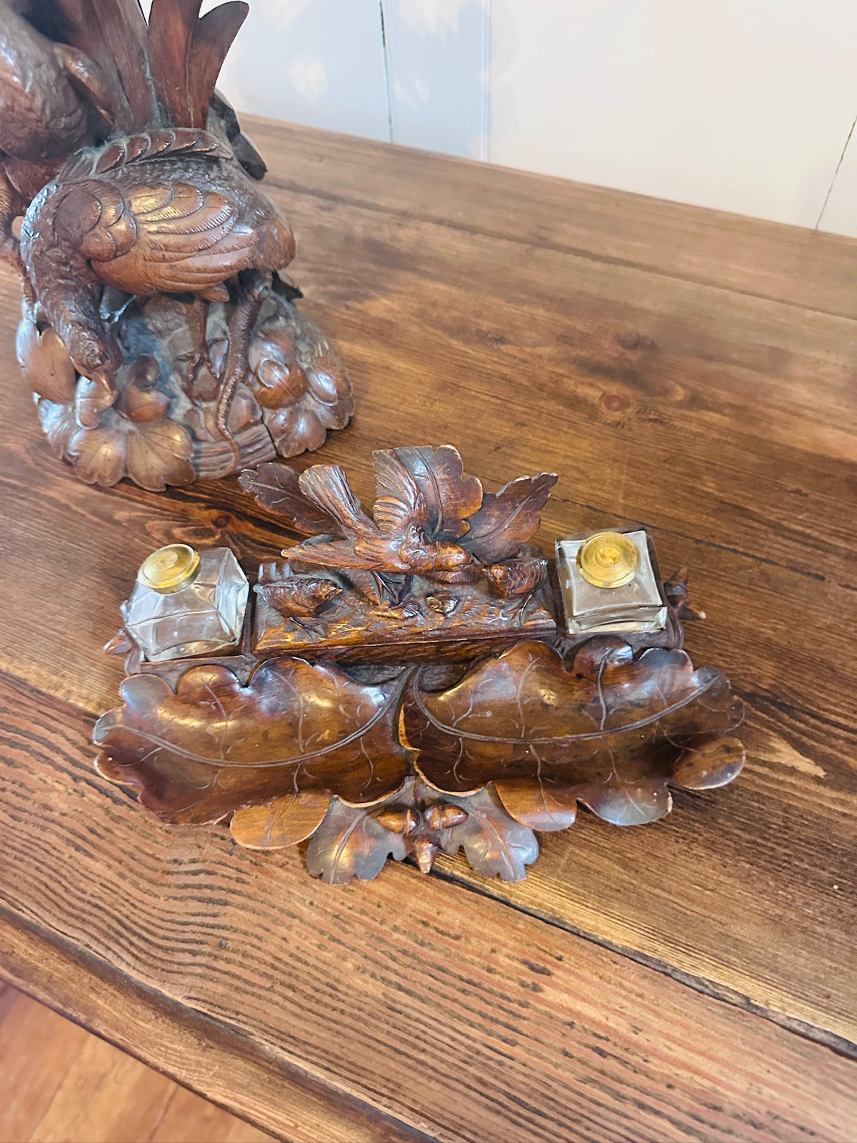 Antique Black Forest Carved Double Inkwell, Desk Stand