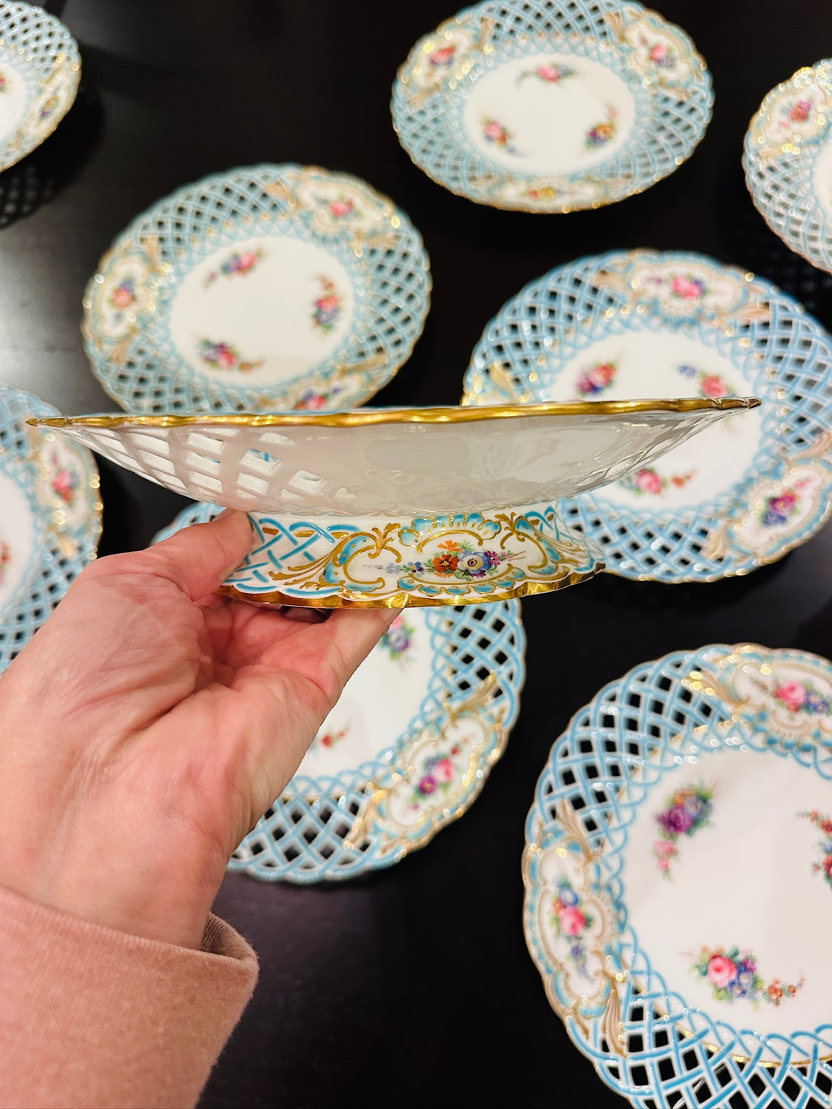 Set of Antique Minton Pierced Newcastle Lattice Work Plates & Two Pedestal Plates