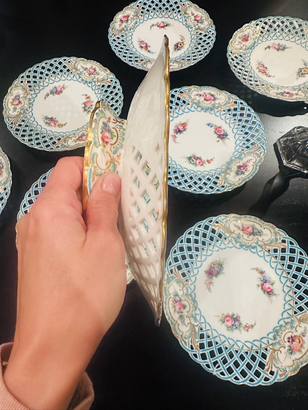 Set of Antique Minton Pierced Newcastle Lattice Work Plates & Two Pedestal Plates