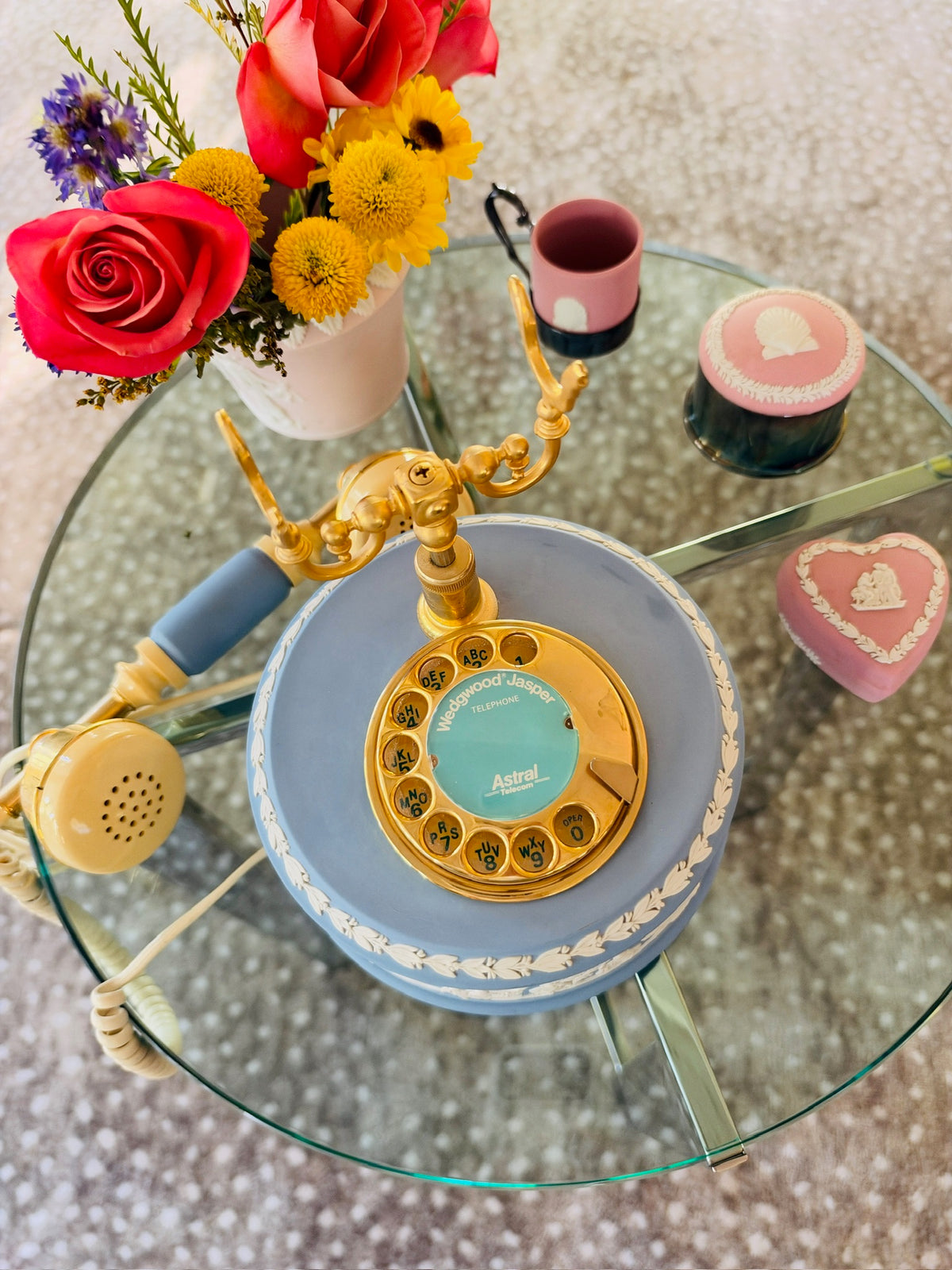 Vintage Wedgewood Blue And White Jasperware Telephone with Rotary Dial