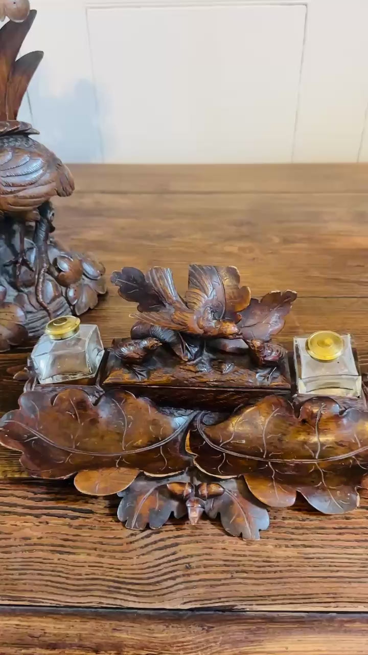 Antique Black Forest Carved Double Inkwell, Desk Stand